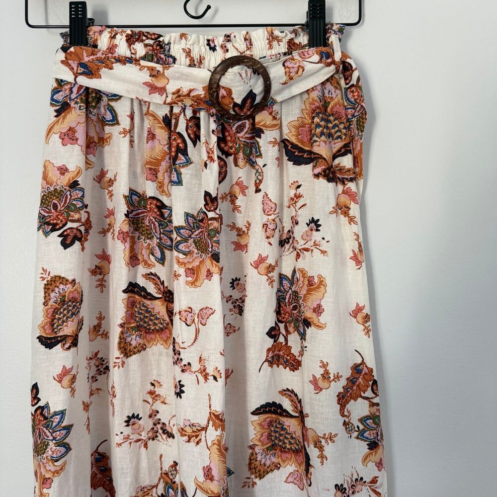 Rachel Roy Linen Blend Floral Boho Belted Maxi Skirt M
